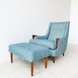 Mid Century Lounge Chair and Ottoman w/ New Blue Upholstery