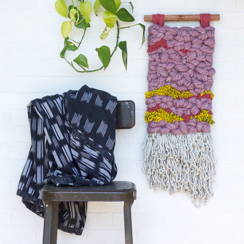 Woven Wall Hanging with Recycled Sari Silk and Brass Beads