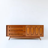 Mid Century Modern Walnut 9 Drawer Dresser with Sliding Doors