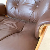 Mid Century Modern Plycraft Chair and Ottoman with Original Chocolate Leather