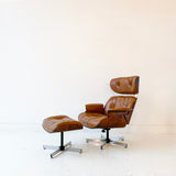 Mid Century Modern Plycraft Chair and Ottoman with Original Camel Leather