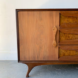 Mid Century Modern Burl + Bookmatched Dresser with Sculpted Legs