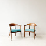 Pair of Mid Century Occasional Chairs with New Light Blue Upholstery