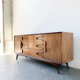 Mid Century Modern Burl + Bookmatched Dresser with Sculpted Legs