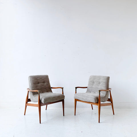 Pair of Mid Century Modern Scoop Chairs with New Grey/Beige Upholstery