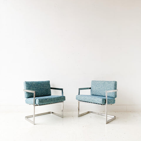 Pair of Mid Century Modern Chrome Lounge Chairs with New Upholstery