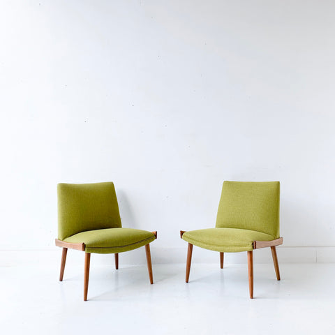 Pair of Mid Century Modern Lounge Chairs with New Avocado Green Upholstery
