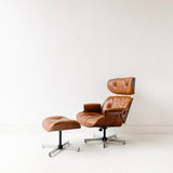 Mid Century Modern Plycraft Chair and Ottoman with Original Camel Leather