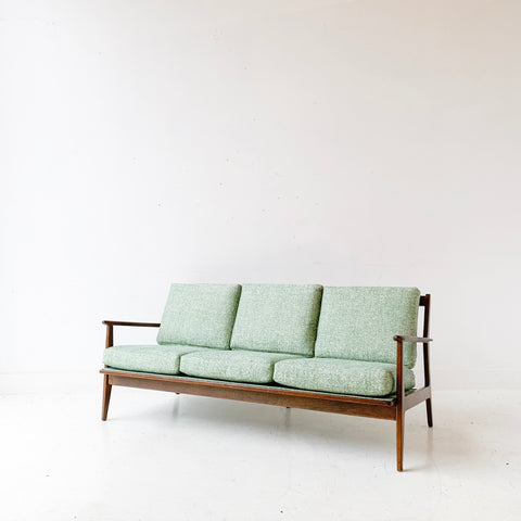 Mid Century Modern Sofa with New Green Tweed Upholstery