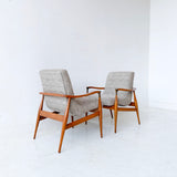 Pair of Mid Century Modern Scoop Chairs with New Grey/Beige Upholstery