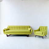 Mid Century Modern Sofa and Lounge Chair with New Chartreuse Upholstery