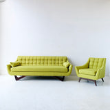 Mid Century Modern Sofa and Lounge Chair with New Chartreuse Upholstery