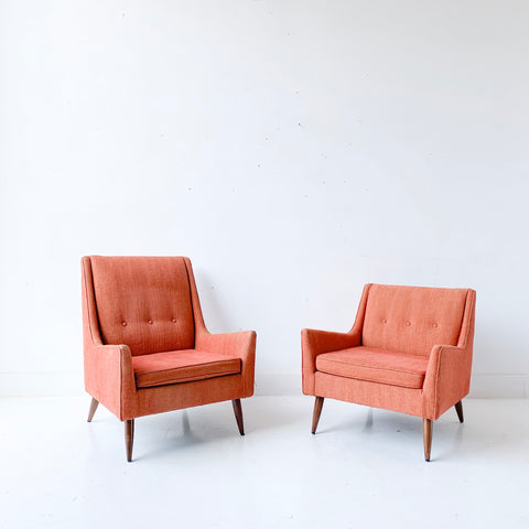 Pair of Mid Century Modern Lounge Chairs with Light Orange Upholstery