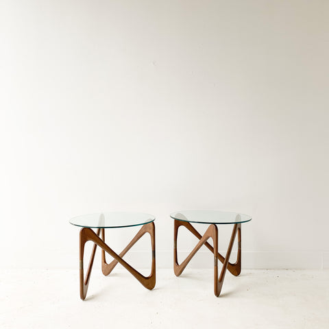 Pair of Sculpted Wood and Glass End Tables