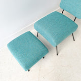 Mid Century Lounge Chair and Ottoman w/ New Sky Blue Upholstery