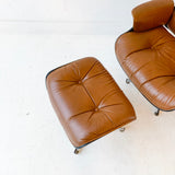 Mid Century Modern Plycraft Chair and Ottoman with Original Camel Leather