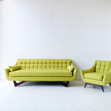 Mid Century Modern Sofa and Lounge Chair with New Chartreuse Upholstery