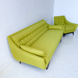 Mid Century Modern Sofa and Lounge Chair with New Chartreuse Upholstery