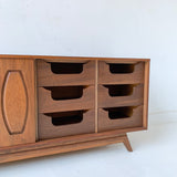 Mid Century Modern Walnut 9 Drawer Dresser with Sliding Doors