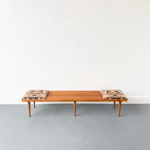 Mid Century Slat Bench with New Upholstery