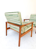 Pair of Walnut Lounge Chairs w/ New Striped Green Upholstery