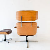 Mid Century Modern Plycraft Chair and Ottoman with Original Chocolate Leather