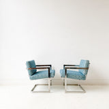 Pair of Mid Century Modern Chrome Lounge Chairs with New Upholstery