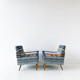 Pair of Mid Century Lounge Chairs with New Indigo Striped Upholstery