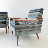 Pair of Mid Century Lounge Chairs with New Indigo Striped Upholstery