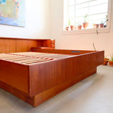 Mid Century Modern Danish Teak Queen Size Platform Bed with Floating Nightstands