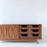 Mid Century Modern Walnut 9 Drawer Dresser with Sliding Doors