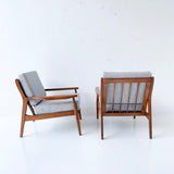 Pair of Mid Century Modern Lounge Chairs with New Grey Upholstery