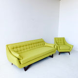 Mid Century Modern Sofa and Lounge Chair with New Chartreuse Upholstery