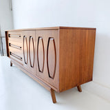 Mid Century Modern Walnut 9 Drawer Dresser with Sliding Doors
