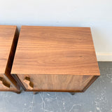 Pair of Mid Century Modern Burl + Bookmatched Nightstands