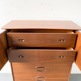 Mid Century Walnut Highboy Dresser with Cane Front